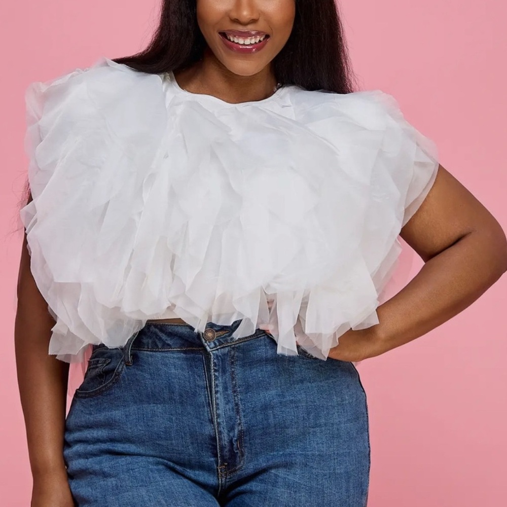 PLUS SIZE RUFFLE TULLE CROP TOP BLOUSE  WHITE - Picture 2 of 8
